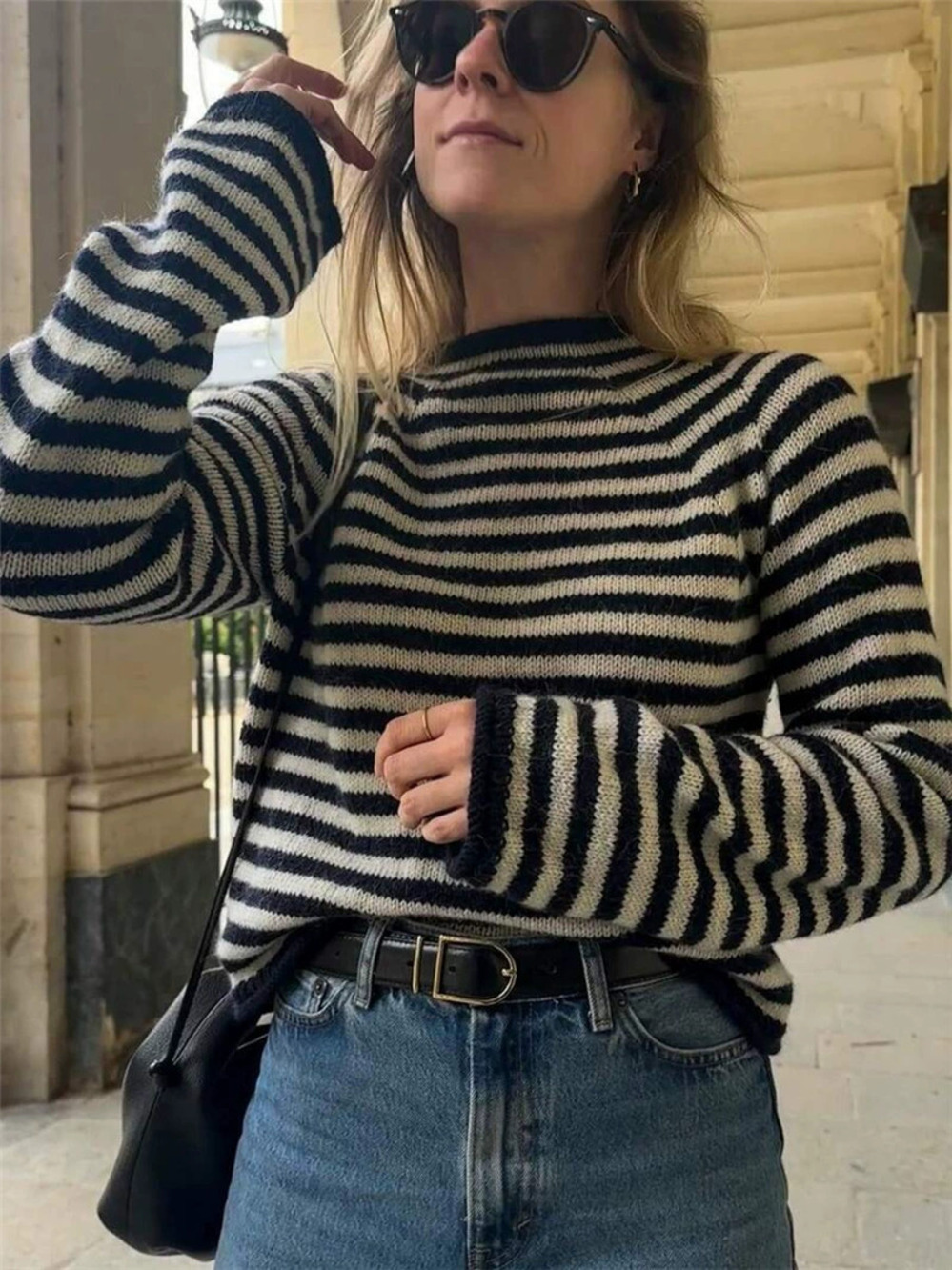 Zara Fall Winter Contrast Stripe Crew Neck Knit Pullover